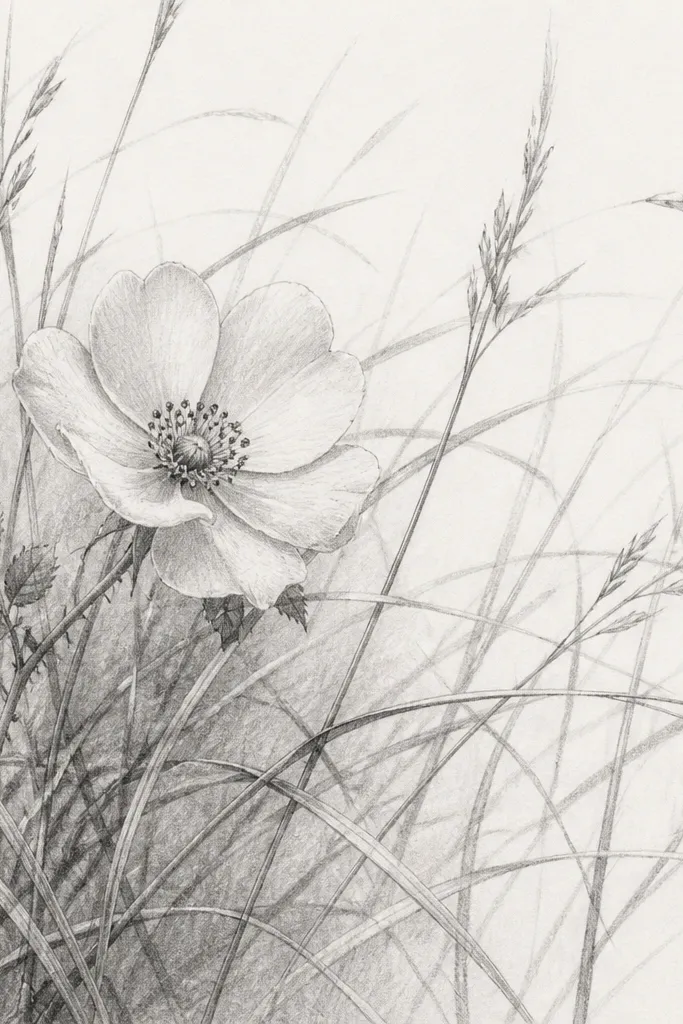 A pencil sketch with one small wild rose bloom and lots of grass-like stems. The rose has layered petals and a darker center. Surrounding it are thin, varied grass blades drawn with light pencil. There are soft smudge-like shadows under the rose and where stems overlap.