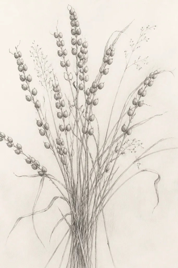 A pencil sketch of dried seed heads arranged like a bouquet. Each seed head is a thin stalk with a row of small oval seeds. The seeds are lightly shaded with speckled dots. Leaves are sparse and thin. The overall drawing looks like it's from late summer, with light, airy pencil marks.