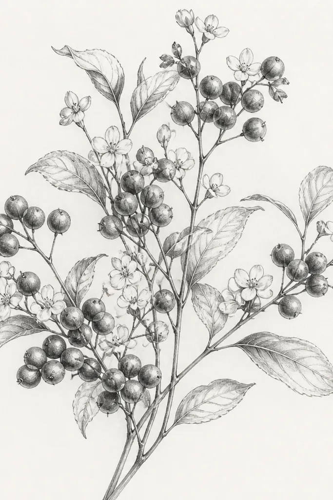 A pencil sketch of a berry branch bouquet. Several thin branches hold clusters of small round berries shaded with tiny highlights. Between berries are small wild bud flowers drawn as small five-petal shapes. The leaves are thin and slightly curled, with light vein lines.