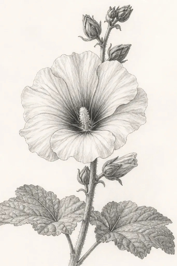 A pencil sketch of a single tall hollyhock-like wild bloom. The petals are large and wavy, drawn in layered bands that ripple outward. The center is darker and slightly elongated. A few small side buds sit on the same stem, and broad leaves sit low on the stem.