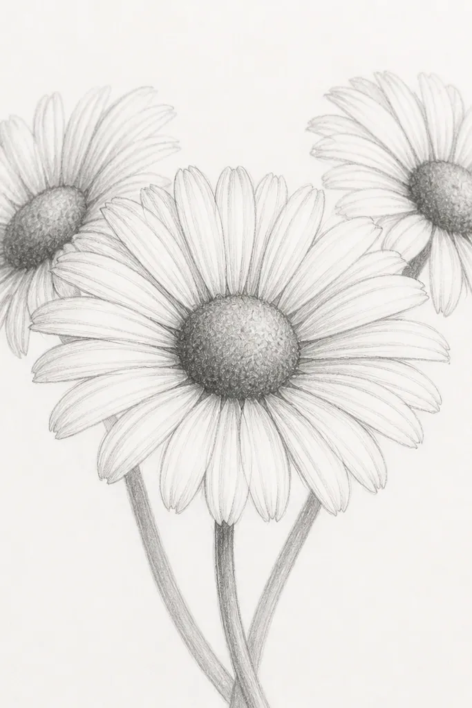 A pencil sketch of three daisy-like flowers forming a chain. The middle bloom is closest and slightly larger, with two blooms behind it. Petals are drawn as short curved strokes, and centers are shaded with a soft gray gradient. Stems curve gently and overlap.