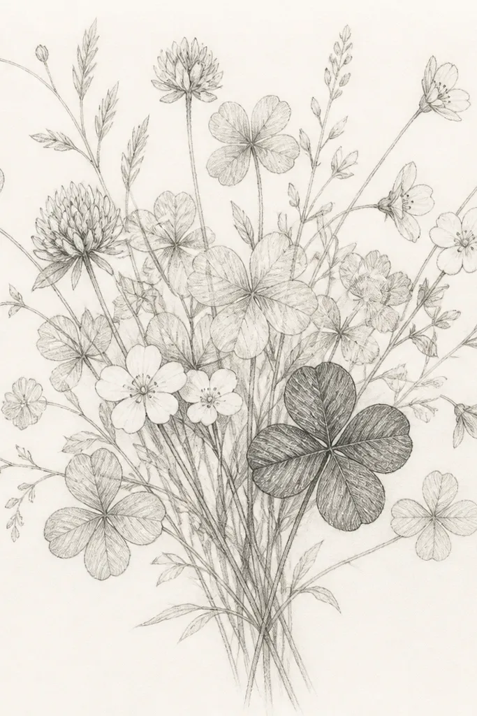 A pencil sketch of a loose bouquet with clover leaves scattered throughout and several tiny wild five-petal flowers. Most shading is light, but one clover leaf in the foreground is shaded darker with visible vein lines. The stems are thin and lightly drawn, with small overlap shadows.