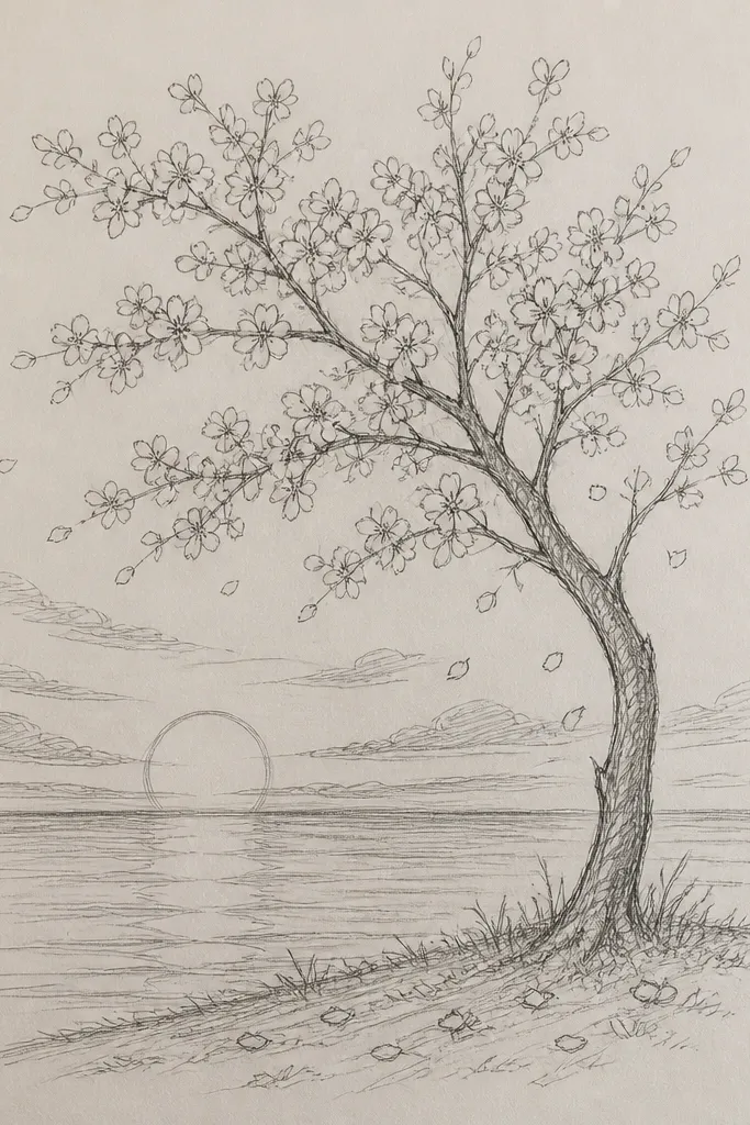 A sheet shows a soft orange-pink sunset horizon line near the bottom third. One cherry tree leans from left to right with a thick trunk, and its branches carry clustered blossoms as pale pink blobs. A few blossoms are darker in the back, and the foreground has a faint grass line.
