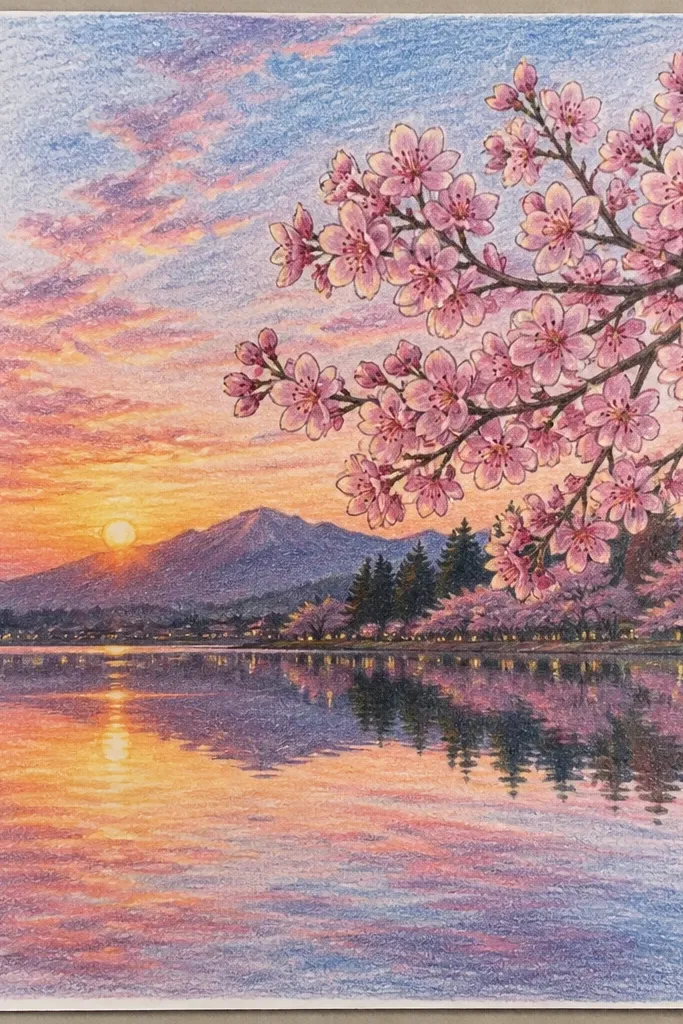 The page shows a sunset sky with peach and pink bands, and below it a calm lake. The cherry tree canopy hangs over the water, with blossoms mirrored as soft upside-down shapes. The reflection is slightly blurred with lighter edges.