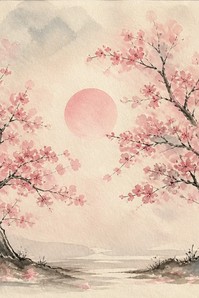 A large pale pink sun sits low on the horizon. Two cherry trees rise from left and right edges, their branches reaching inward with clusters of blossoms. The sky has orange fading into pink and a faint purple band above.
