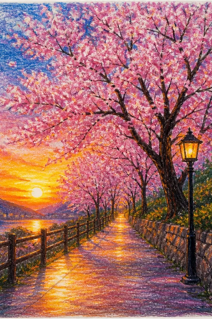 The drawing shows a narrow path receding into the distance. Cherry trees line both sides, their branches arching overhead like a tunnel. The sky is sunset orange and pink, and the path has a warm glow with small blossom petals floating.