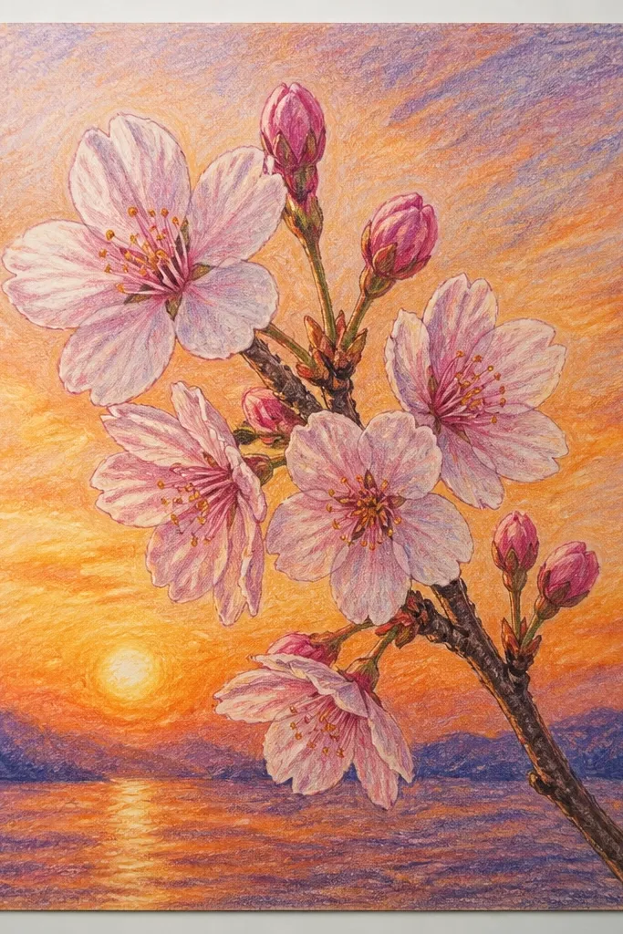 A close-up fills the page with a cherry branch that curves diagonally. Blossoms are clustered tightly, and the petals show bright white highlights. The background is a simple orange-pink wash with no detailed horizon.