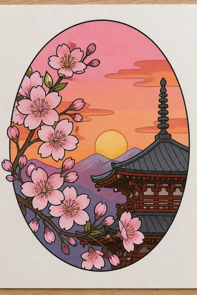A pagoda roof sits on the lower third, with curved layered tiles in muted red and gray. Cherry branches extend from both sides with blossoms floating against a peach-pink sky. The sun is half-hidden behind the roofline.
