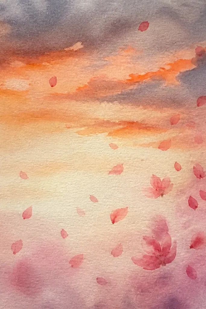 The sky shows layered clouds in peach, pink, and pale purple. A wind swirl crosses the page, and blossoms follow the curve as scattered teardrops. The ground is just a faint line with no detailed trees.