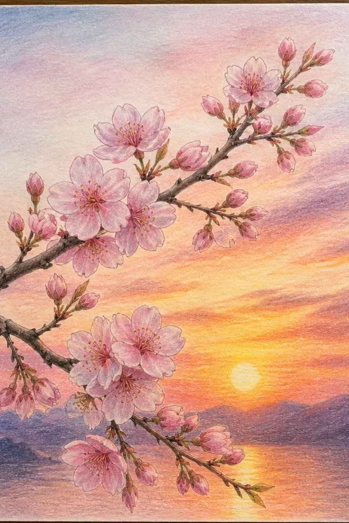 Two branches cross in an X shape across the middle of the page. Blossoms cluster along both branches, and the background is a gradient sunset sky with no horizon detail. The branches have a dark silhouette with lighter blossoms in front.