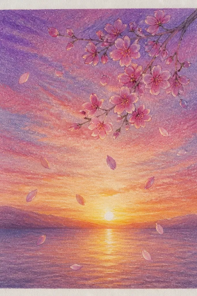 The page has only a pastel sunset sky and a scatter of falling cherry blossom petals. There are no trunks or full branches, just blossom clusters drifting down. The sky is pale peach and pink with a soft purple top.