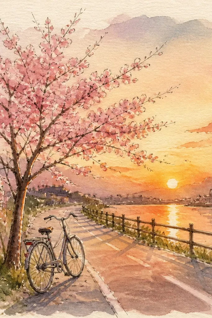 A simple bike path runs diagonally toward the horizon. Cherry blossoms cluster along both sides of the path, and a warm orange glow spreads across the ground. The sky has a sun low near the horizon.