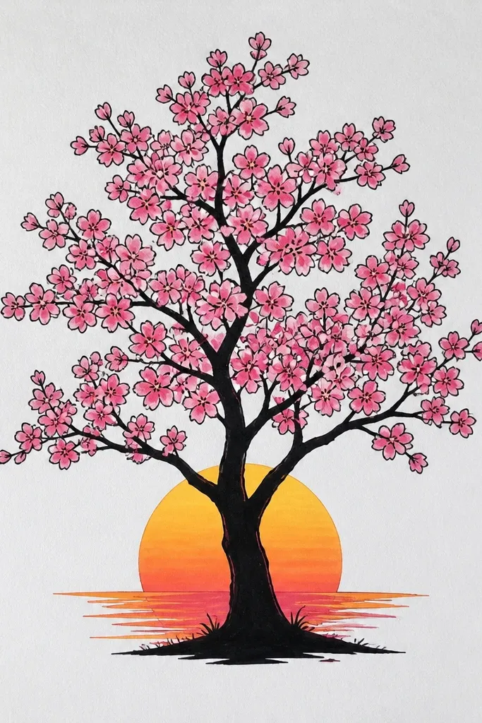 A single cherry tree silhouette sits against a bright orange-pink sunset. The tree branches are dark, and there is a thin rim of lighter pink around the edges facing the sun. A few blossom clusters appear as lighter shapes within the silhouette.