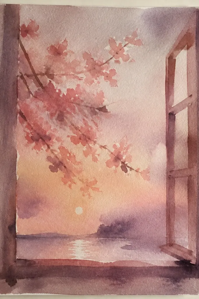 The page has a drawn window frame in the foreground. Through the window, a cherry blossom tree reaches upward against a peach-pink sunset sky. A few blossoms drift past the frame edge.