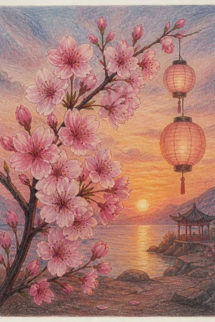 Two or three paper lanterns hang in front of a sunset sky. Cherry branches with blossoms are behind the lanterns. The lanterns are pale yellow-orange with darker string lines, and blossoms float around them.