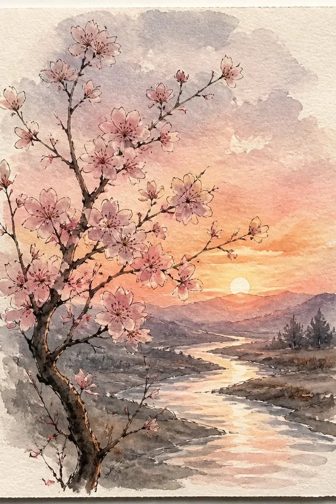 A river snakes from the lower right toward the center. The sky is orange-pink, and the river reflects it with lighter bands. Blossoming branches hang over the river edges, with mirrored clusters in the water.