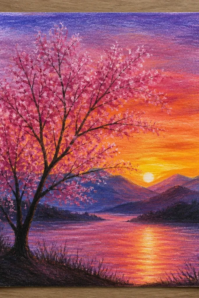 Layered mountain silhouettes sit behind the horizon. A cherry tree stands in the foreground with blossoms. The sky gradient is peach to pink to pale purple, and the mountains fade from dark to lighter blue-gray as they go back.