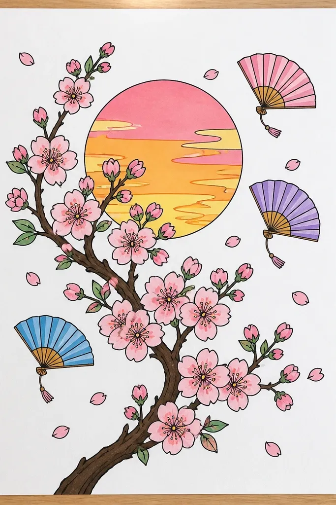 The page shows a sunset sky with peach and pink gradients. Several paper fans float near the center and bottom, and small blossom petals drift around them. The fans have simple folds drawn as curved lines.