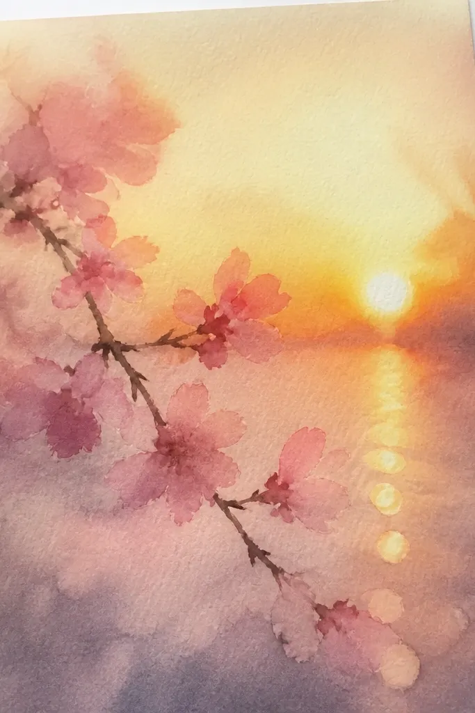 A sunset sky fills the page with a smooth gradient. In the foreground, there are circular bokeh light spots in pale pink and white. Cherry blossom branches are minimal, just a few dark twigs with blossoms.