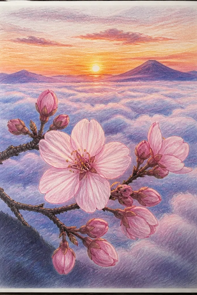 A thick cloud bank sits across the middle of the page, glowing peach at the bottom. Cherry blossoms appear on the lower edge of the cloud line like a cluster of branches peeking up. The sky above fades to pale purple.