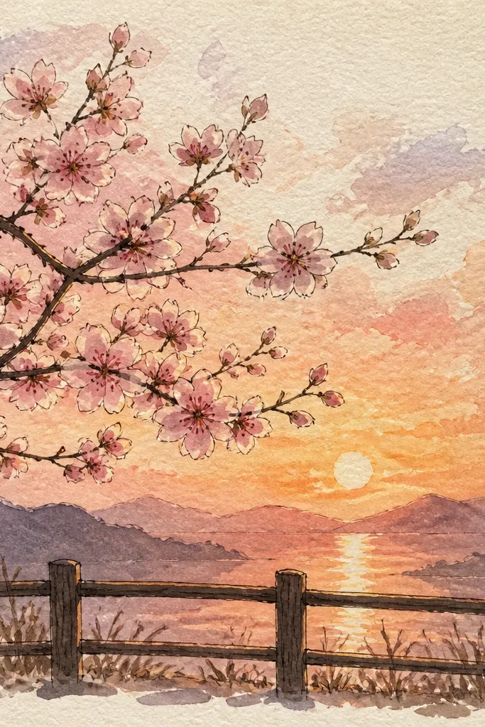 A wooden fence runs horizontally across the bottom third. Behind it, a cherry tree canopy fills the middle, and the sky shows orange-pink sunset bands. Blossoms are clustered on branches that rise above the fence.