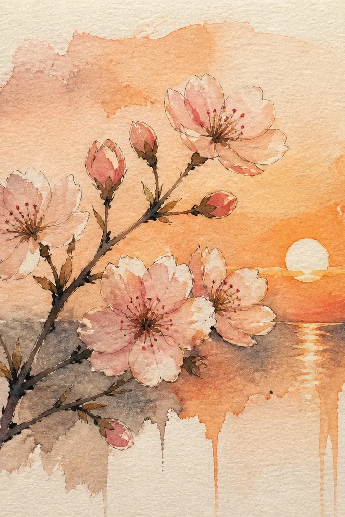 The sky has a gradient, and near the top there are soft watercolor drips trailing downward. A cherry branch silhouette crosses the page, and blossoms sit on top of the drip pattern. The sun is implied by the warm orange glow near the horizon.