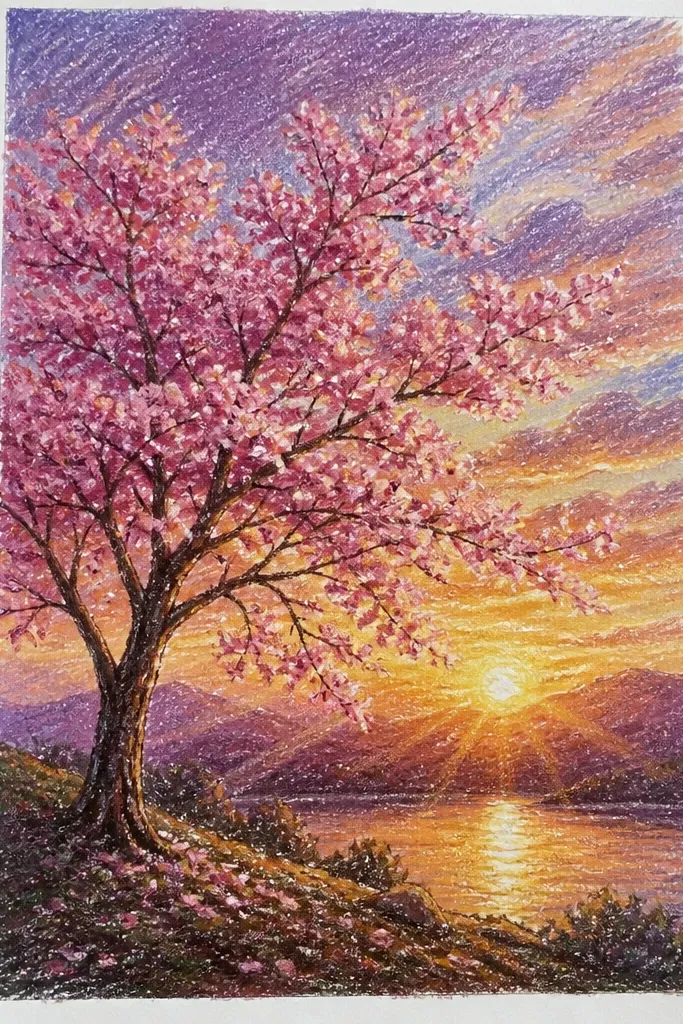 A sun sits low near the horizon, and two or three soft sunbeams fan out toward a cherry tree in the foreground. The tree is a dark silhouette with blossoms lit on one side. The sky is peach and pink with a pale purple top.