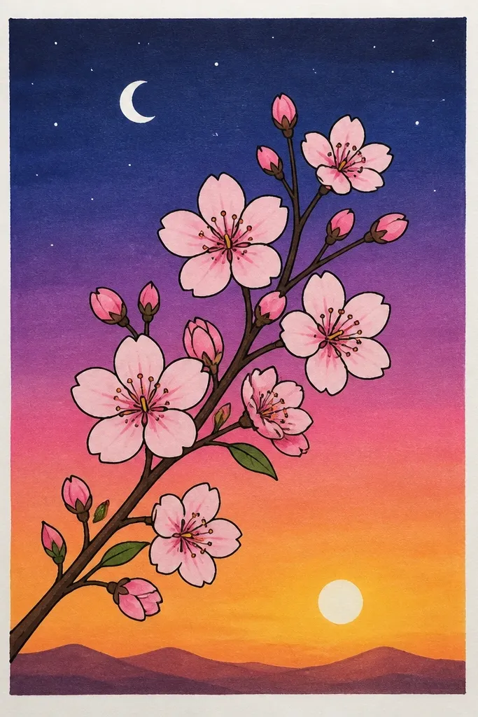 The sky transitions from deep blue at the top to orange-pink near the horizon. Small specks like stars appear faintly in the blue area. A cherry tree silhouette with blossoms stands in the foreground, darker against the sky.