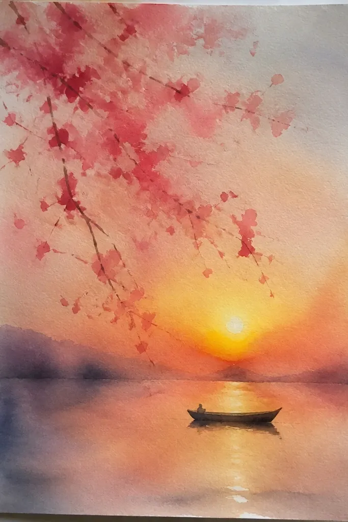 A small boat silhouette sits on a calm reflective water surface. Cherry branches hang over the water from both sides with blossoms. The sunset sky is orange-pink, and the water shows lighter mirrored bands with a few blossom reflections.