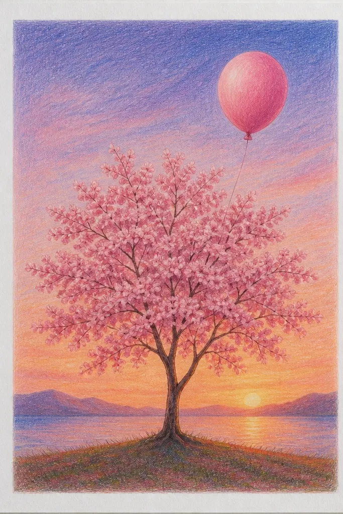 A large soft pink circle or balloon-like shape floats near the center, glowing against the sunset sky. Cherry blossoms cluster on the edges of the balloon shape, like it's surrounded by petals. The rest of the sky is simple gradient.