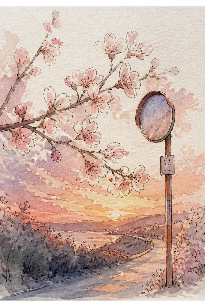 A small roadside sign stands near the bottom left with a blank face. A cherry branch reaches toward it with blossoms. The sky is a warm sunset gradient, and the road surface is a simple warm wash.