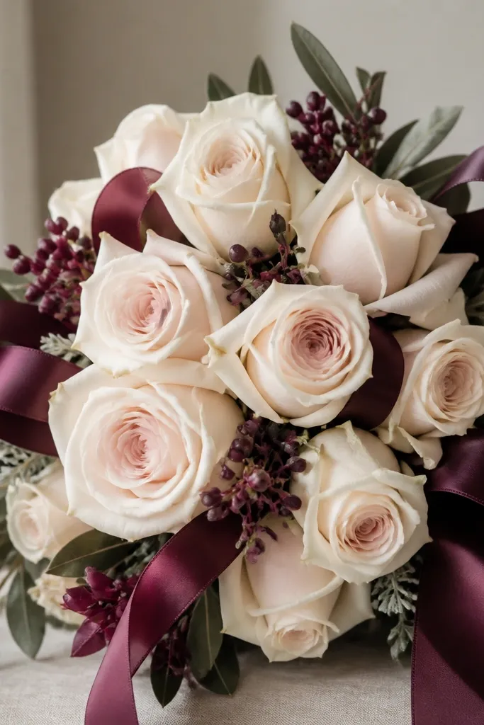 A bouquet of pale cream roses with soft pink undertones, surrounded by deep plum ribbon loops and a few small plum berries. Leaves are muted olive with a dusty gray tint.