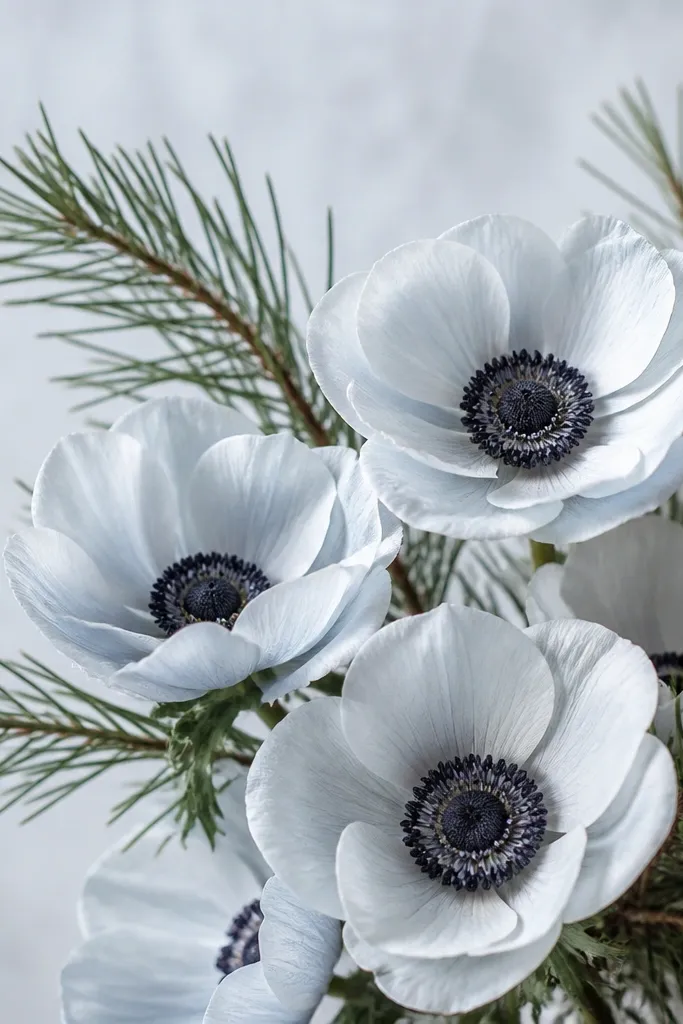 White anemones with a faint blue-gray tint, dark charcoal centers, and thin pine needles framing the bouquet. Background is a pale icy gray wash.