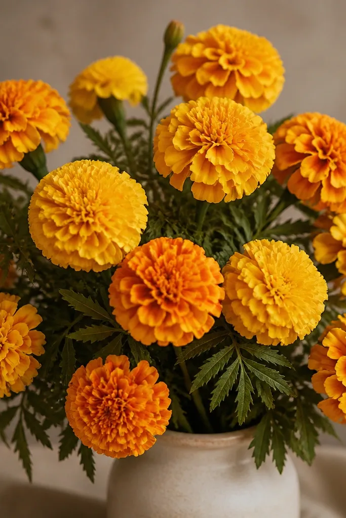 A bouquet of marigolds in golden yellow and honey orange, with small tangerine streaks in the petals. Leaves are deep green with warm brown undertones.