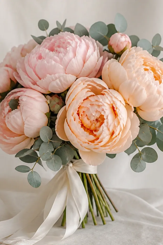Peonies in soft peach and blush pink with layered petals, paired with dusty teal leaves. A thin cream ribbon ties the stems.