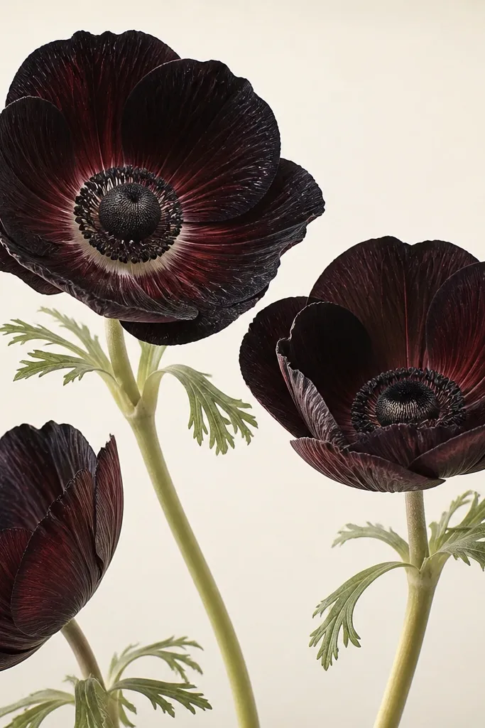 Anemones with near-black petals fading into deep red, cream highlights on petal veins, and pale green stems. Background is a warm off-white.