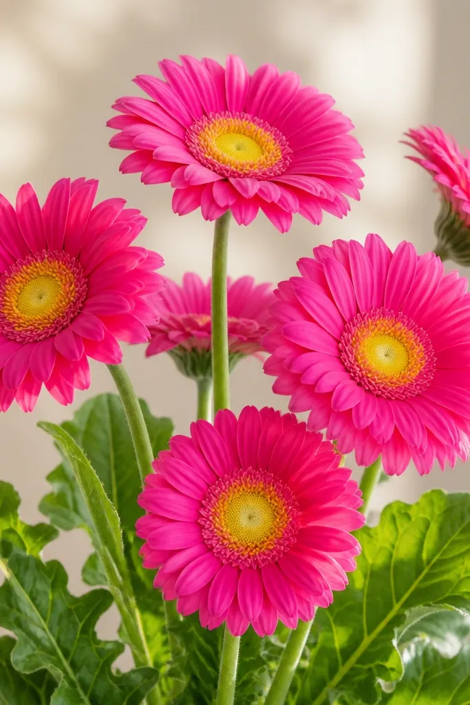 A cluster of gerbera daisies with hot pink petals and lemon-yellow centers, plus green stems. Leaves are medium green with bright vein highlights.