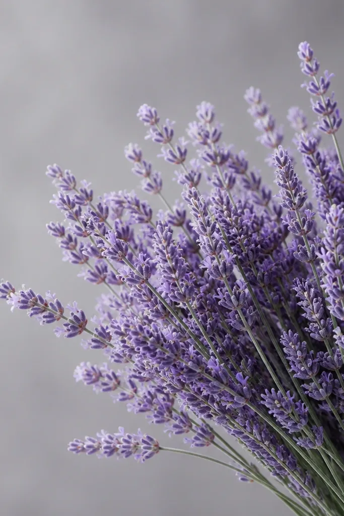 A bouquet of lavender stems with tiny buds, colored in pale purple and lavender-blue, with tiny white highlights. Background is a smooth soft gray gradient.