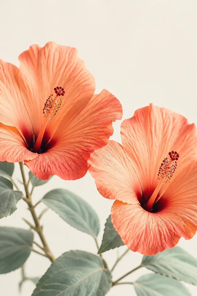 Two hibiscus blooms facing slightly up, coral-orange petals with darker coral edges, seafoam leaves, and a small dark stamen cluster. Background is light cream.
