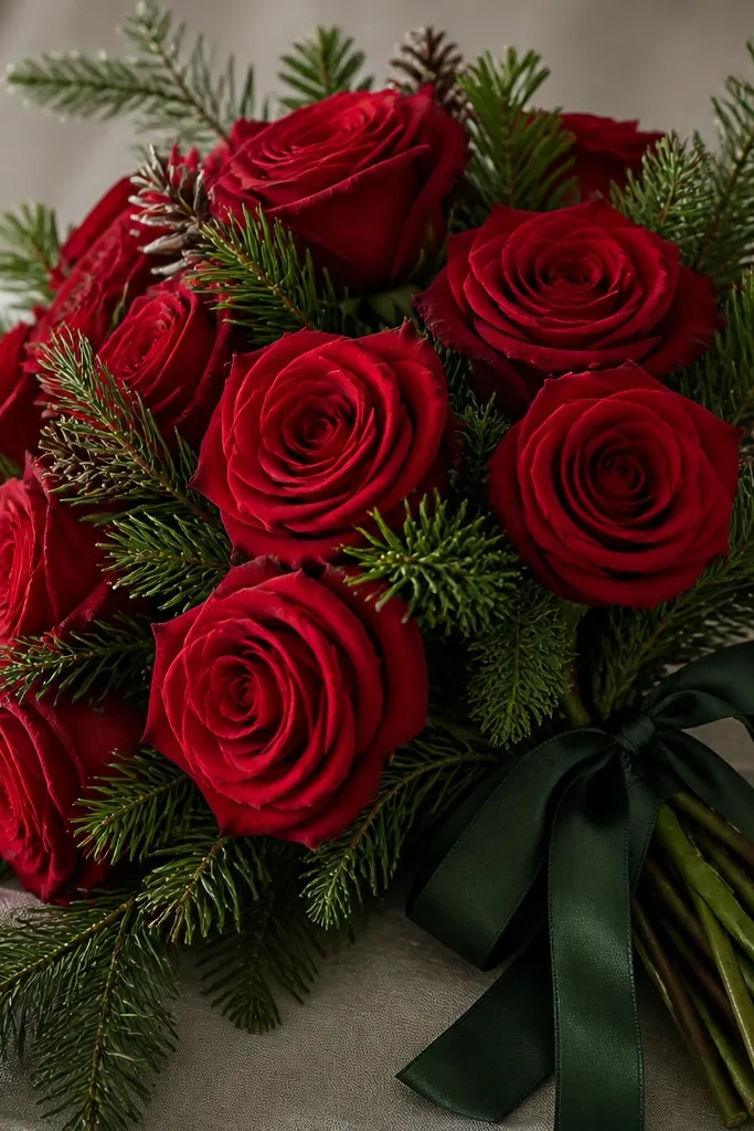Red roses with dark red shadows and bright red highlights, wrapped with evergreen sprigs and small pine texture marks. Ribbon is deep green.
