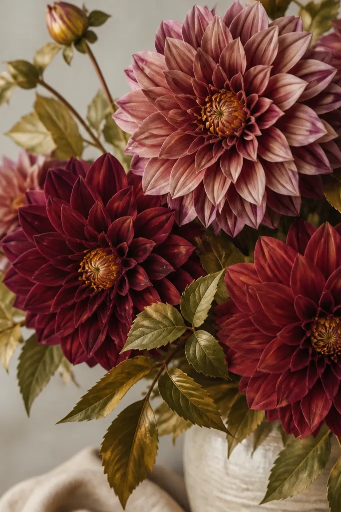 Dahlias with layered petal rows in burgundy and dusty rose, plus a warm antique gold center. Leaves are olive with muted gold highlights.