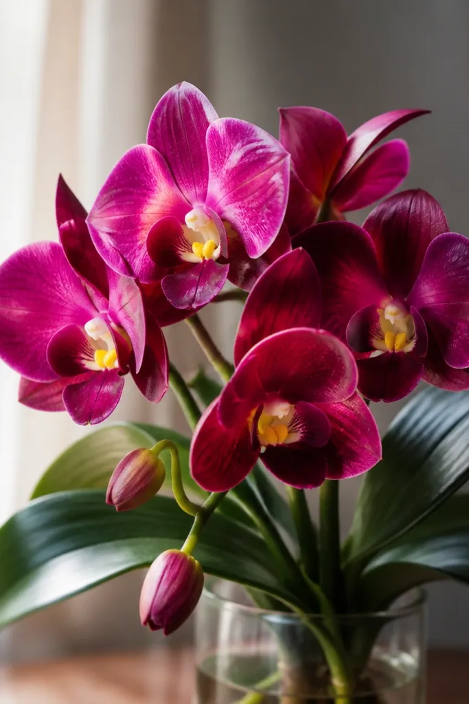 A small orchid bouquet with magenta petals, deep plum shadowing, and pale yellow throats. Leaves are dark green with glossy highlights.