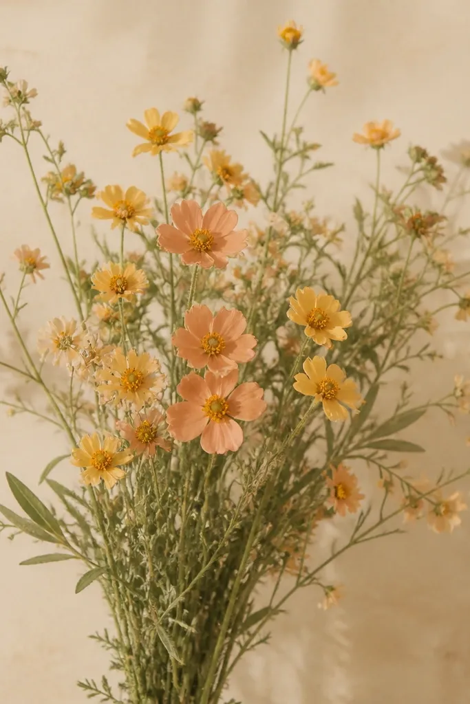 A loose bouquet of small wildflowers with peach and honey petals, tiny yellow centers, and sage stems. Background is warm paper tone with light shading.
