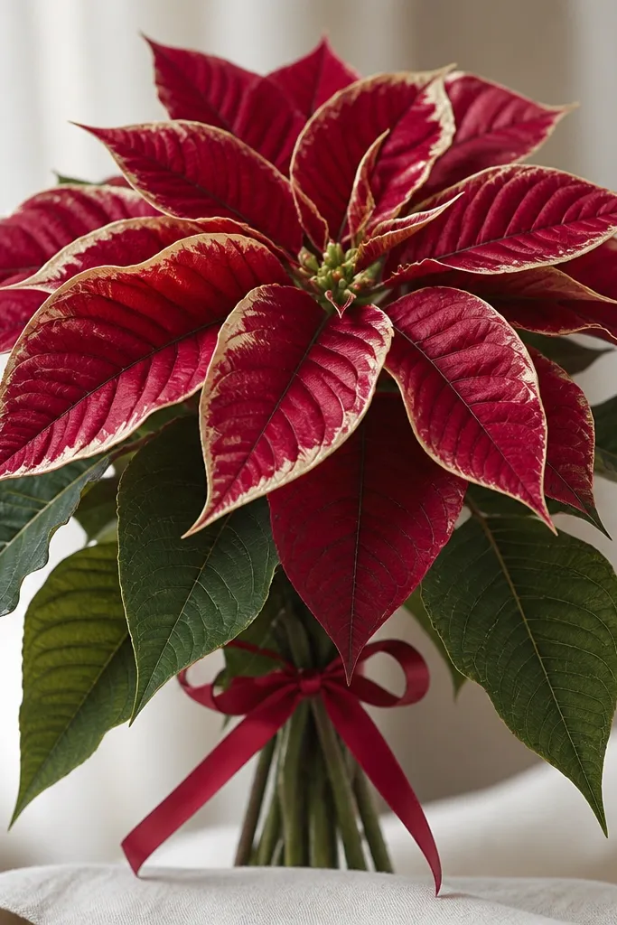 A poinsettia bloom with garnet-red bracts, soft cream highlights along edges, and a dark green leaf cluster. A thin red ribbon ties the stems.