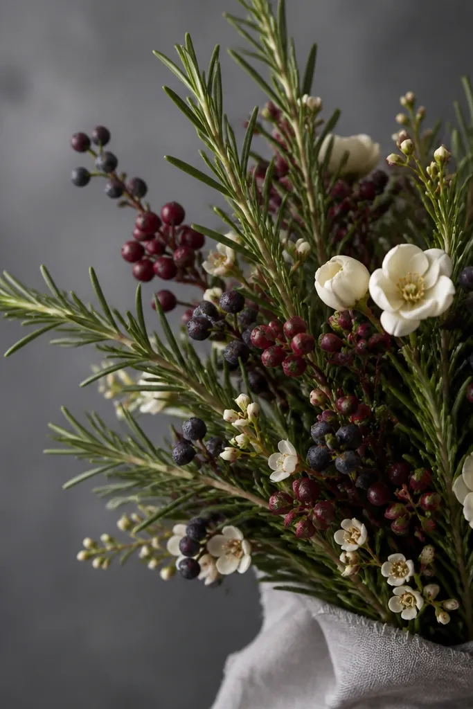 A bouquet with rosemary sprigs, small wild berry dots in deep berry red and purple, and a few cream blossoms. Background is smoke gray.