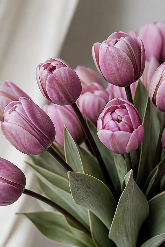 A bouquet of mauve tulips with soft pink-purple petals, darker mauve shadows, and cocoa-brown stems. Leaves are dusty green with light veins.