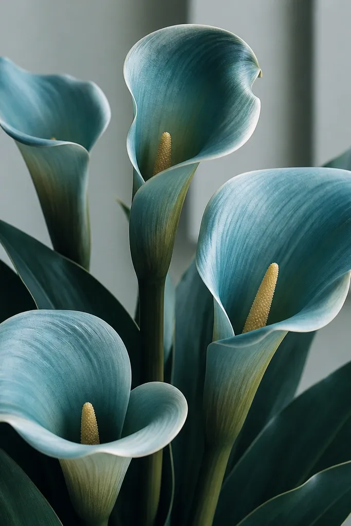 Calla lilies with blue-green petals, a pale yellow spadix, and subtle silver-like highlights along the petal curve. Leaves are dark teal with sharp edges.