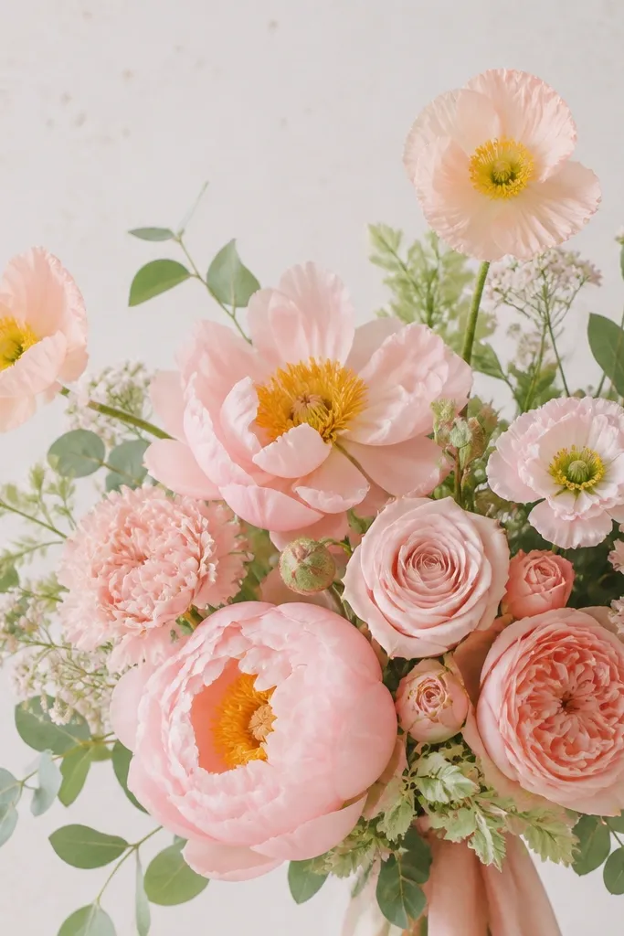 A pastel bouquet with soft pink blossoms, butter-yellow centers, and sage green leaves. Background is very light with faint speckles.