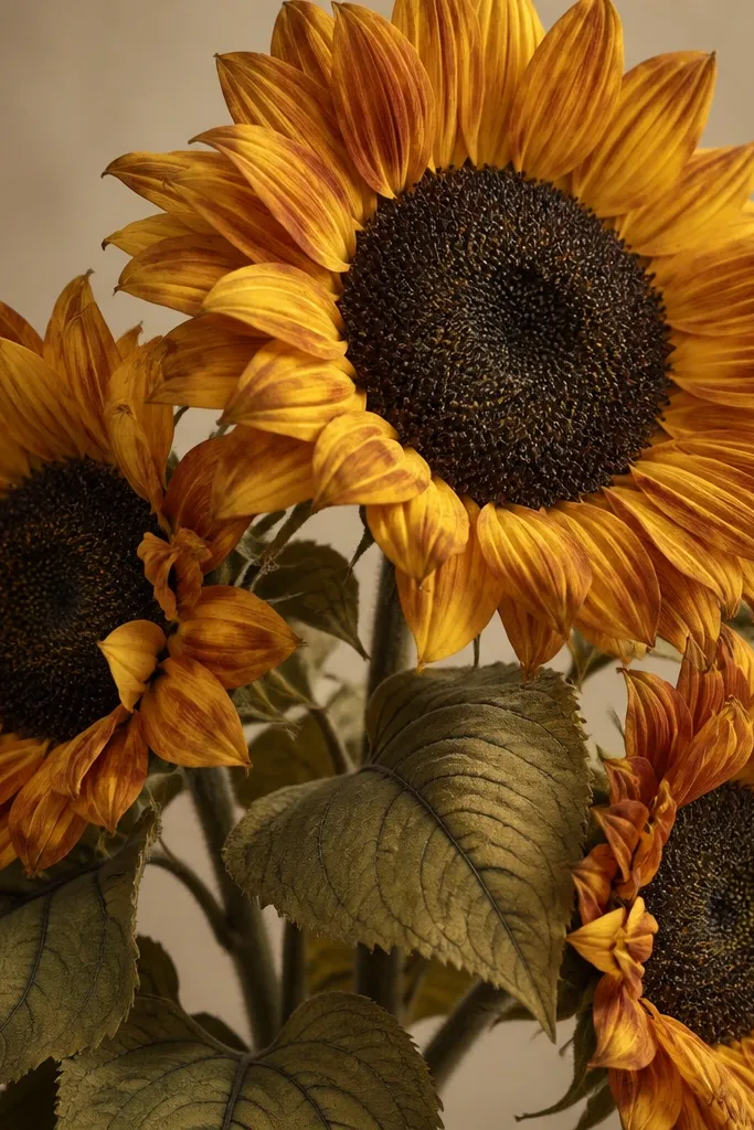 Sunflowers with ochre petals, darker burnt orange edges, and charcoal-brown seed centers. Leaves are dusty yellow-green with dark vein lines.