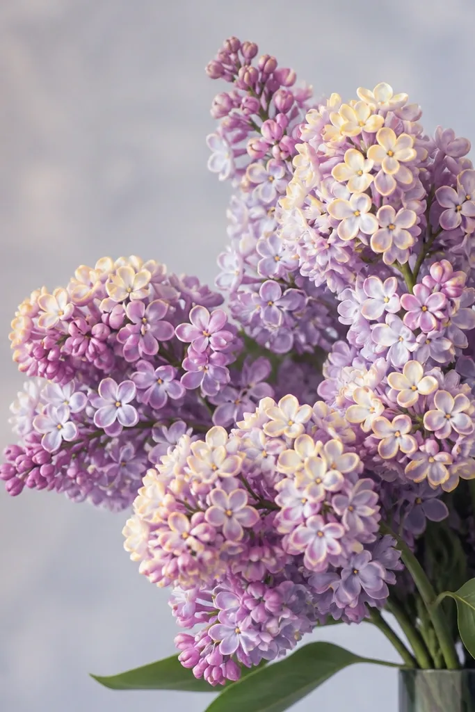 Lilac clusters in pale purple and lavender, with tiny lemon butter highlights on the top petals. Stems are cool green with soft gray shadows.